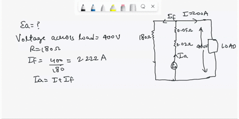 a-long-shunt-compound-generator-has-an-armatureseries-field-and-shunt-field-resistances-of-oo5-002-and-180-respectivelyit-supplies-a-load-current-of-200-a-at400vcalculate-the-generated-emf-a-16709
