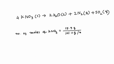 how-many-moles-of-oxygen-are-formed-when-159-g-of-kno3-decomposes-according-to-the-following-reaction-the-molar-mass-of-kno3-is-10111-gmol-4-kno3s-2-k2os-2-n2g-5-o2g-60234
