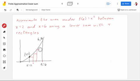 use-a-finite-approximation-to-estimate-the-area-under-the-graph-of-the-given-function-on-the-stated-interval-as-instructed-fx-x2-between-x-2-and-x-6-using-a-lower-sum-with-four-rectangles-of-64874