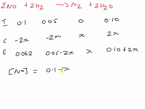 a-mixture-of-0100-m-of-no-005-m-of-h2-and-010-of-h2o-is-placed-in-a-0-l-vessel-the-following-equilibrium-is-established-2nog-2h2g-n2g-2h2og-at-equilibrium-no-0062-m-a-calculate-the-equilibri-50446