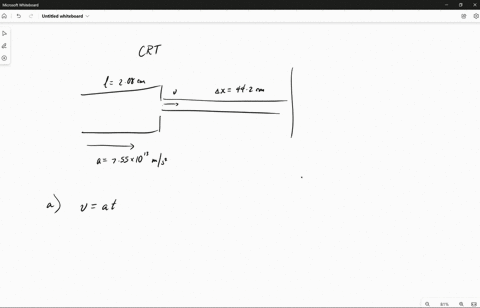 in-a-cathode-ray-tube-in-an-old-tv-electrons-are-accelerated-from-rest-with-a-constant-acceleration-of-magnitude-755-x-1013-ms2-during-the-first-208-cm-of-the-tubes-length-then-they-move-at-34868