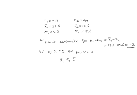 the-following-information-is-obtained-from-two-independent-samples-selected-from-two-populations-n1143-x1236-153-n2199-x2256-256-a-what-is-the-point-estimate-of-12-the-point-estimate-for-12-93215