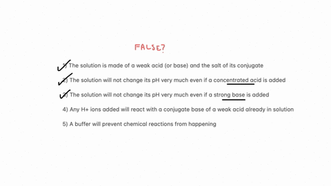 which-of-the-following-is-false-for-a-buffered-solution-question-59-options-1-the-solution-is-made-of-a-weak-acid-or-base-and-the-salt-of-its-conjugate-2-the-solution-will-not-change-its-ph-very-much-
