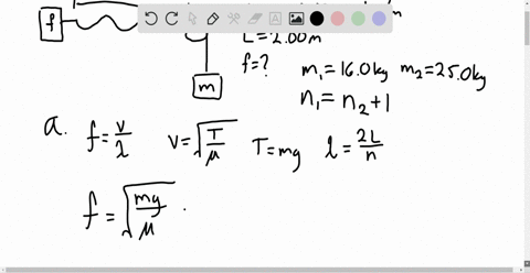 in-the-arrangement-shown-below-an-object-can-be-hung-from-a-string-with-linear-mass-density-000200-kgm-that-passes-over-a-light-pulley-the-string-is-connected-to-a-vibrator-of-constant-frequ-68744