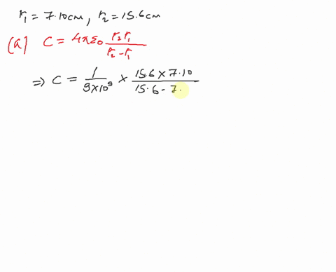 an-air-filled-spherical-capacitor-is-constructed-with-an-inner-shell-radius-of-710-cm-and-an-outer-shell-radius-of-156-cm-a-calculate-the-capacitance-of-the-device_-b-what-potential-differen-27332