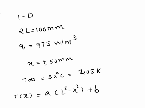 a-one-dimensional-plane-wall-of-thickness-2l-100-mm-experiences-uniform-thermal-energy-generation-of-q-975-wm3-and-is-convectively-cooled-atx50-mm-by-an-ambient-fluid-characterized-by-t320ci-17372