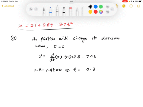 a-particle-moves-along-the-x-axis-its-position-is-given-by-the-equation-x-21-28t-37t2-with-x-in-meters-and-t-in-seconds-a-determine-its-position-when-it-changes-direction-m-b-determine-its-v-25328
