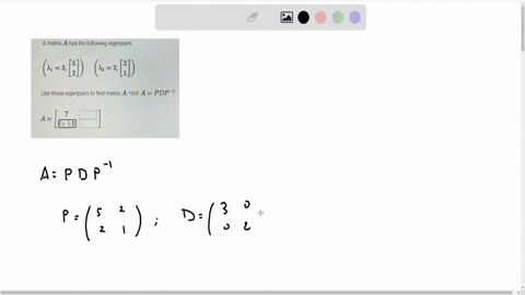 a-matrix-a-has-the-following-eigenpairs-leftlambda_13leftbeginarrayl-5-2-endarrayrightright-quadleftlambda_22leftbeginarrayl-2-1-endarrayrightright-use-these-eigenpairs-to-find-matrix-a-hint-ap-d-p-1