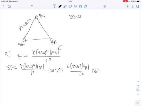the-drawing-shows-an-equilateral-triangle-each-side-of-which-has-a-length-of-461cm-point-charges-are-fixed-to-each-corner35-shown-the-400-uc-charge-experiences-net-force-due-to-the-charges-q-55317