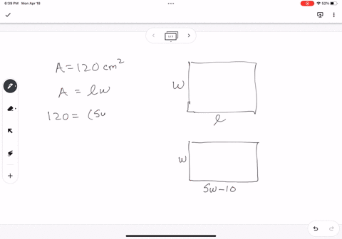 one-side-of-a-rectangle-is-10-cm-shorter-than-five-times-another-side-find-the-length-of-the-sides-given-that-the-area-of-the-rectangle-is-120-cm2-enter-both-sides-separated-by-a-comma-lengt-91971