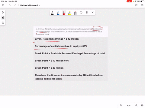 a-firm-has-50-million-in-assets-and-its-optimal-capital-structure-is-60-equity-if-the-firm-has-12-million-in-retained-earnings-available-to-invest-at-what-asset-level-will-the-firm-need-to-i-22536