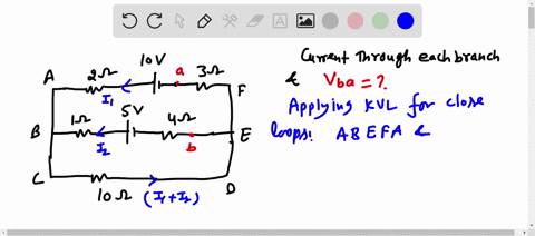 in-the-circuit-shown-in-fig-e2628-find-a-the-current-in-each-branch-and-b-the-potential-difference-vab-of-point-a-relative-to-point-b-figure-e2628-200-2-1000-v-300-02-m-100-500-v-400-m-b-100-39816
