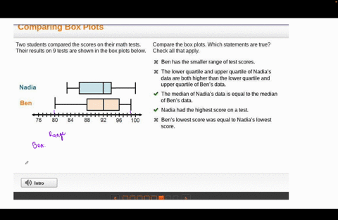 two-students-compared-the-scores-on-their-math-tests-their-results-on-9-tests-are-shown-in-the-box-plots-below-compare-the-box-plots-which-statements-are-true-check-all-that-apply-ben-has-th-99113