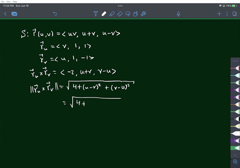 let-s-be-the-surface-given-parametrically-by-the-vector-valued-function-r-where-ru-v-uv-u-v-u-vi-where-u2-v2-1-a-find-the-vectors-ru-and-rv-b-find-the-area-of-the-surface-s-01993