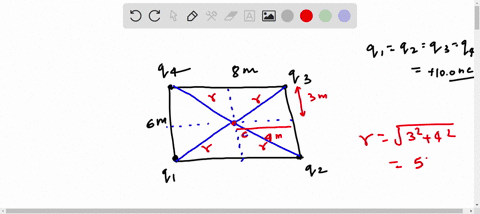 four-identical-point-charges-100-nc-are-placed-at-the-corners-of-a-rectangle-which-measures-60-m-80-m-if-the-electric-potential-is-taken-to-be-zero-at-infinity-what-is-the-potential-at-the-g-66722