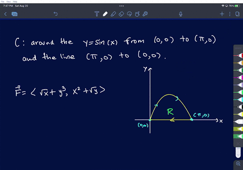 12-points-while-subjeet-to-the-force-fy-viyr-vv-particle-travels-once-around-the-curve-y-sin-f-from-00-to-t-0-and-the-line-segment-from-70-to-0-0-use-green-theorem-t0-find-the-work-done-by-f-50165