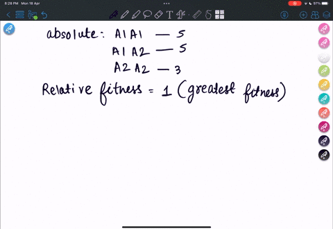 assume-the-absolute-fitnesses-of-three-genotypes-a1a1-a1a2-and-a2a2-are-5-5-and-3-respectively-a-what-are-the-values-of-relative-fitness-if-we-normalize-the-genotype-with-greatest-fitness-to-74526