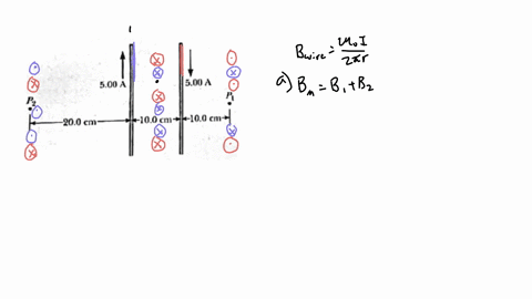 the-two-wires-shown-in-figure-p1934-carry-currents-of-500-a-in-opposite-directions-and-are-separated-by-100-cm-find-the-direction-and-magnitude-of-the-net-magnetic-field-a-at-a-point-midway-94853