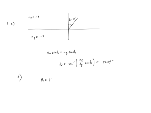 1-a-ray-of-light-passes-from-water-n-13-into-glass-n-15-a-calculate-the-angle-of-refraction-when-the-angle-of-incidence-is-200-3-marks-b-is-it-possible-for-total-internal-reflection-to-occur-36139