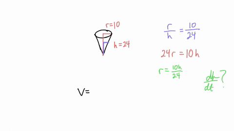 a-conical-water-tank-that-is-placed-vertex-down-has-a-radius-of-10-feet-at-the-top-and-is-24-feet-high-if-water-lows-in-the-tank-at-a-rate-of-20-cubic-feet-minute-how-fast-is-the-depth-of-th-28834