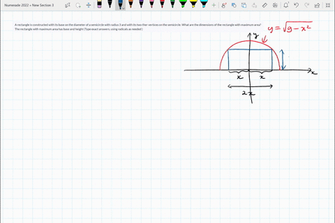 a-rectangle-is-constructed-with-its-base-on-the-diameter-of-a-semicircle-with-radius-3-and-with-its-two-ther-vertices-on-the-semicircle-what-are-the-dimensions-of-the-rectangle-with-maximum-86184