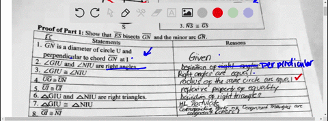 given-es-is-a-diameter-of-circle-and-perpendicular-to-chord-gn-t-l-prove-2en-fg-3ns-proof-of-part-i-show-that-es-bisects-gn-and-the-minor-arc-gn-1gn-statements-is-a-reasons-diameter-of-circl-47705