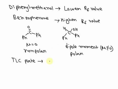 the-product-of-this-reaction-diphenylmethanol-has-a-lower-rf-value-than-benzophenone-in-1-2-sentences-explain-this-observation-85972