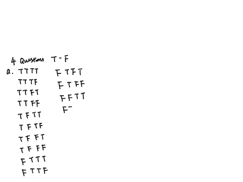 a-section-of-an-exam-contains-four-true-false-questions-a-completed-exam-paper-is-selected-at-random-and-the-four-answers-are-recorded-a-list-all-16-outcomes-in-the-sample-space-b-assuming-t-54531