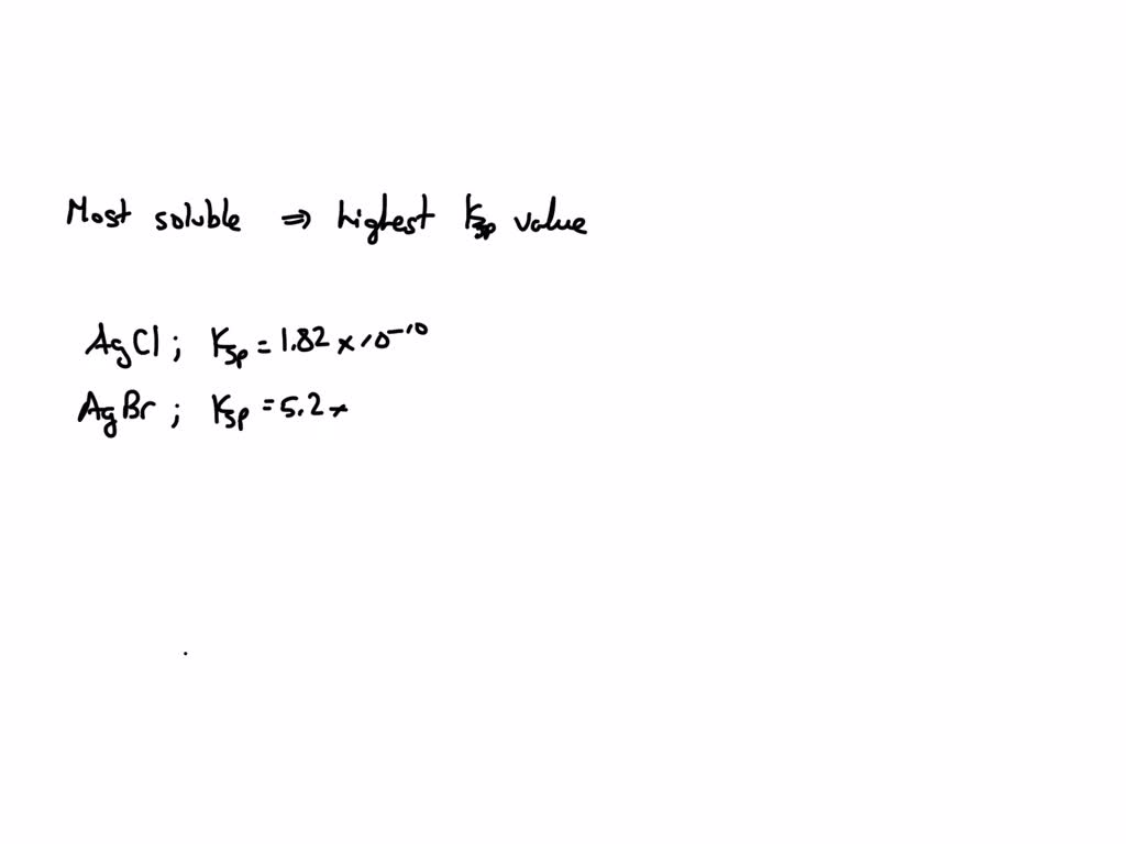 SOLVED: Which of the following is most soluble? A) AgCl: Ksp = [Ag][Cl ...