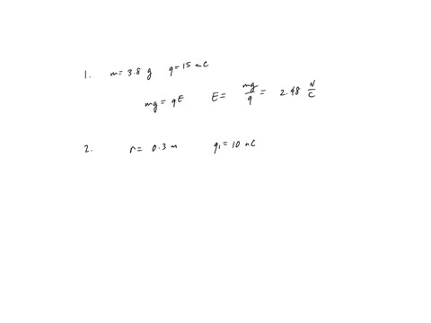 1-a-small-object-of-mass-38-g-and-charge-15-mc-is-suspended-motionless-above-the-ground-when-immersed-in-a-uniform-electric-field-perpendicular-to-the-ground-what-is-the-magnitude-and-direct-73346