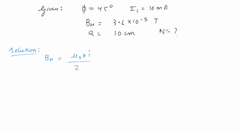 a-tangent-galvanometer-shows-a-deflection-45-when-10-ma-current-pass-through-it-if-the-horizontal-component-of-the-earths-field-is-5-36-10-t-and-radius-of-the-coil-is-10-cm-the-number-of-turns-in-the-