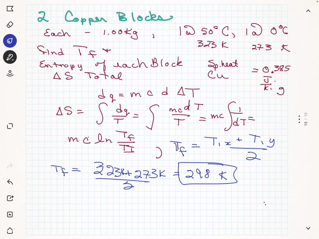 SOLVED: Two copper blocks, each of mass 1.00 kg, one at 50 Â°C and the ...