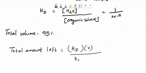 a-substance-with-a-partition-coefficient-of-47-is-extracted-into-an-organic-phase-by-successively-using-5-equal-volumes-if-the-initial-aqueous-solution-was-111-ml-how-much-organic-solvent-to-68225