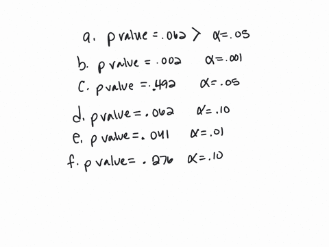 pairs-of-p-values-and-significance-levels-are-given-for-each-pair-state-whether-the-observed-p-value-would-lead-to-rejection-of-h0-at-the-given-significance-level-a-p-value-0062-005-reject-h-13036