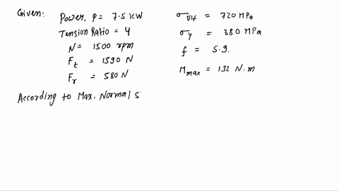 question2-a-shaft-made-of-steel-receives-75-kw-power-at-1500-rpma-pulley-mounted-on-the-shaft-as-shown-in-the-figure-has-ratio-of-belt-tensions-4the-shaft-material-has-the-following-properti-16888