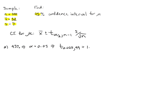 a-random-sample-of-n100-observations-produced-a-mean-of-x-32-with-a-standard-deviation-of-s7-a-find-a-95-confidence-interval-for-lower-bound-upper-bound-b-find-a-90-confidence-interval-for-l-16967