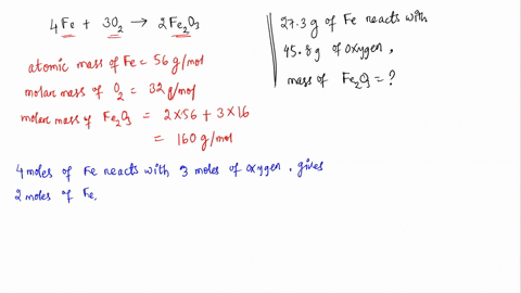 4fes-3o2g-2fe2o3g-in-a-certain-reaction-273-g-of-iron-reacts-with-458-g-of-oxygen-how-many-grams-of-ironiii-oxide-are-produced-in-the-reaction-81262