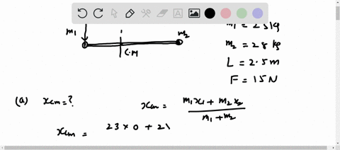 two-particles-with-masses-m1-23-ookg-and-m2-800kg-are-joined-by-a-light-rod-of-length-l-250-m-a-force-f-15-n-is-applied-to-m1-perpendicular-to-the-rod-a-locate-the-centre-of-mass-cm-and-calc-84495