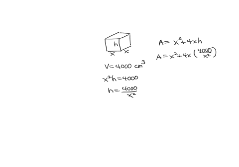 a-box-with-a-square-base-and-open-top-must-have-a-volume-of-4000-cm3-find-the-dimensions-of-the-box-that-minimize-the-amount-of-material-used-48396