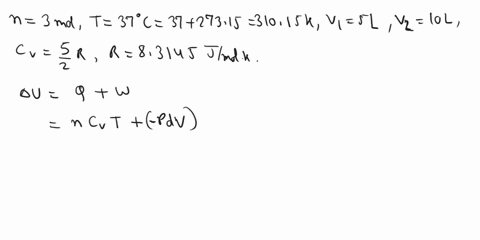 three-moles-of-a-diatomic-ideal-gas-in-a-cylinder-at-37-c-is-expanded-isothermally-from-a-volume-of-5-l-to-10-l-a-what-is-the-change-in-internal-energy-b-how-much-work-was-done-on-the-gas-in-06421