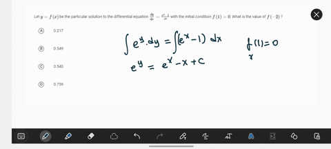 let-yfx-be-the-particular-solution-to-the-differential-equation-dydxex1ey-with-the-initial-condition-f10-what-is-the-value-of-f2