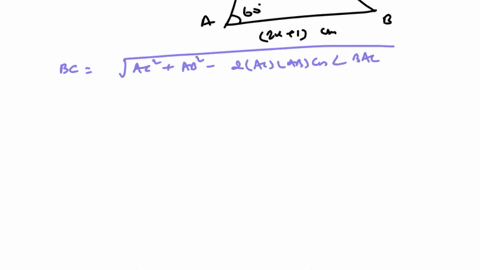 The diagram shows a triangle ABC. AB = (2x + 1) cm, AC = (2x...
