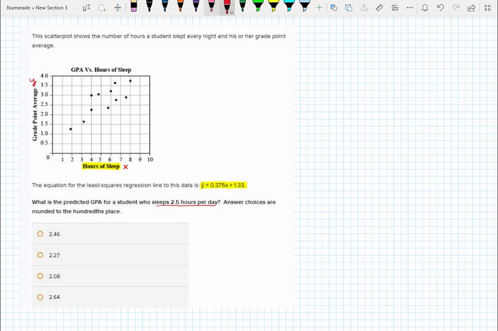 This scatterplot shows the number of hours a student slept every night ...