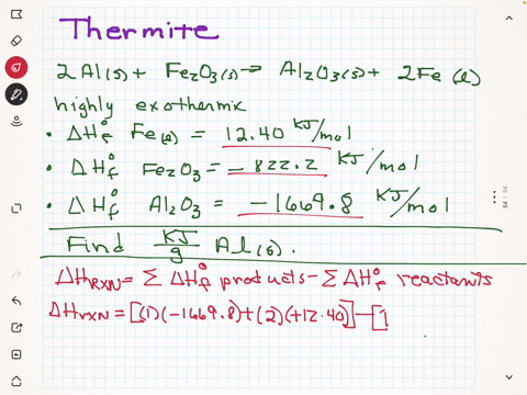 the-thermite-reaction-involves-aluminum-and-ironiii-oxide-2als-fe2o3s-a-al2o3s-2fel-this-reaction-is-highly-exothermic-and-the-liquid-iron-formed-is-used-to-weld-metals-calculate-the-heat-re-77626
