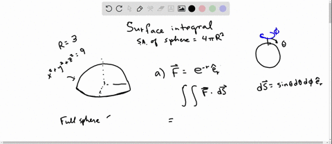 let-e-84-be-a-unit-radial-vector-where-r-vx-y2-2-calculate-the-integral-of-f-e-rer-over-the-upper-hemisphere-of-x-y-22-9-with-the-normal-pointing-outward-give-your-answer-in-exact-form-use-s-08653