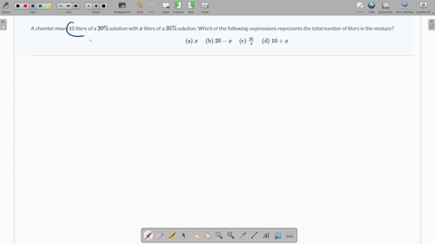 a-chemist-mixes-10-liters-of-a-20-solution-with-x-liters-of-a-35-solution-which-of-the-following-expressions-represents-the-total-number-of-liters-in-the-mixture-beginarraylllltext-a-x-text-b-20-x-t-2