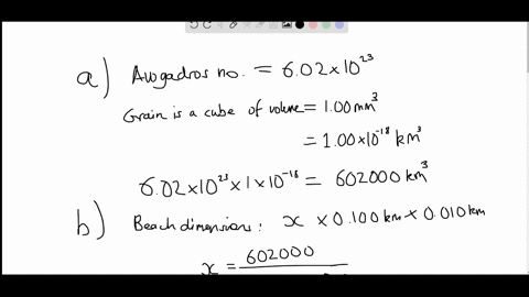 a-what-is-the-volume-in-mathrmkm3-of-avogadros-number-of-sand-grains-if-each-grain-is-a-cube-and-has-sides-that-are-10-mm-long-b-how-many-kilometers-of-beaches-in-length-would-this-cover-if-the-beach-