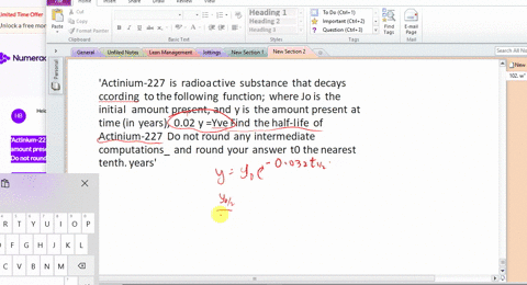 actinium-227-is-radioactive-substance-that-decays-ccording-to-the-following-function-where-jo-is-the-initial-amount-present-and-y-is-the-amount-present-at-time-in-years-002-y-yve-find-the-ha-01457