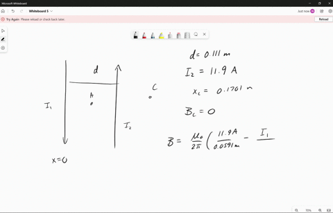 11-12-a-two-straight-parallel-wires-carry-currents-in-opposite-directions-as-shown-in-the-figure-one-of-the-wires-carries-a-current-of-iz-119-a-point-a-is-the-midpoint-between-the-wires-the-83783