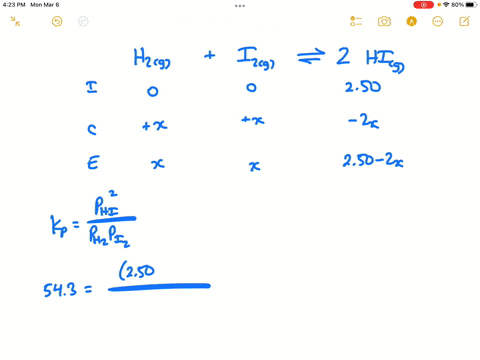 the-equilibrium-constant-kp-for-the-reaction-h2g-i2g-2hig-at-430c-is-543-determine-the-equilibrium-partial-pressures-of-h2-i2-and-hi-if-we-begin-the-experiment-with-250-atm-hi-at-430c-81828